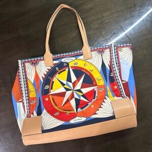 Tory Burch Multicolor Compass Tote with Tan Handles